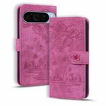 For Google Pixel 9 / 9 Pro Cartoon Sakura Cat Embossed Leather Phone Case(Rose Red)