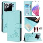 For Xiaomi 15S Pro 5G Cat Rat Embossed Pattern RFID Leather Phone Case with Lanyard(Mint Green)