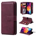 For Samsung Galaxy A50 Multifunctional Magnetic Copper Buckle Horizontal Flip Solid Color Leather Case with 10 Card Slots & Wallet & Holder & Photo Frame(Wine Red)