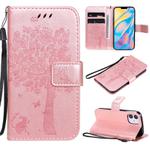 For iPhone 12 mini Tree & Cat Embossed Pattern Horizontal Flip Leather Case with Holder & Card Slots & Wallet & Lanyard(Rose Gold)