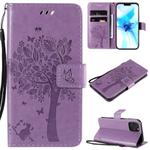 For iPhone 12 / 12 Pro Tree & Cat Embossed Pattern Horizontal Flip Leather Case with Holder & Card Slots & Wallet & Lanyard(Light Purple)