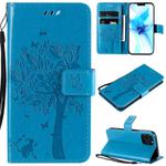 For iPhone 12 / 12 Pro Tree & Cat Embossed Pattern Horizontal Flip Leather Case with Holder & Card Slots & Wallet & Lanyard(Blue)