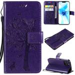 For iPhone 12 / 12 Pro Tree & Cat Embossed Pattern Horizontal Flip Leather Case with Holder & Card Slots & Wallet & Lanyard(Purple)