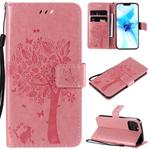 For iPhone 12 / 12 Pro Tree & Cat Embossed Pattern Horizontal Flip Leather Case with Holder & Card Slots & Wallet & Lanyard(Pink)
