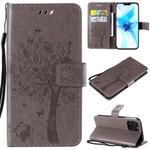 For iPhone 12 / 12 Pro Tree & Cat Embossed Pattern Horizontal Flip Leather Case with Holder & Card Slots & Wallet & Lanyard(Gray)