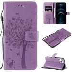 For iPhone 12 Pro Max Tree & Cat Embossed Pattern Horizontal Flip Leather Case with Holder & Card Slots & Wallet & Lanyard(Light Purple)