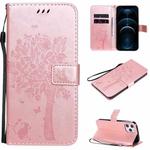 For iPhone 12 Pro Max Tree & Cat Embossed Pattern Horizontal Flip Leather Case with Holder & Card Slots & Wallet & Lanyard(Rose Gold)