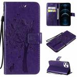 For iPhone 12 Pro Max Tree & Cat Embossed Pattern Horizontal Flip Leather Case with Holder & Card Slots & Wallet & Lanyard(Purple)