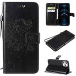 For iPhone 12 Pro Max Tree & Cat Embossed Pattern Horizontal Flip Leather Case with Holder & Card Slots & Wallet & Lanyard(Black)