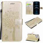 For iPhone 12 Pro Max Tree & Cat Embossed Pattern Horizontal Flip Leather Case with Holder & Card Slots & Wallet & Lanyard(Gold)