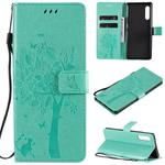 For LG G9 Tree & Cat Embossed Pattern Horizontal Flip Leather Case with Holder & Card Slots & Wallet & Lanyard(Green)