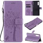 For LG G9 Tree & Cat Embossed Pattern Horizontal Flip Leather Case with Holder & Card Slots & Wallet & Lanyard(Light Purple)