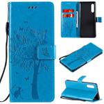 For LG G9 Tree & Cat Embossed Pattern Horizontal Flip Leather Case with Holder & Card Slots & Wallet & Lanyard(Blue)