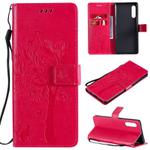 For LG G9 Tree & Cat Embossed Pattern Horizontal Flip Leather Case with Holder & Card Slots & Wallet & Lanyard(Rose Red)