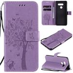 For LG K50S Tree & Cat Embossed Pattern Horizontal Flip Leather Case with Holder & Card Slots & Wallet & Lanyard(Light Purple)