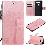 For LG K50S Tree & Cat Embossed Pattern Horizontal Flip Leather Case with Holder & Card Slots & Wallet & Lanyard(Rose Gold)