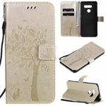 For LG K50S Tree & Cat Embossed Pattern Horizontal Flip Leather Case with Holder & Card Slots & Wallet & Lanyard(Gold)