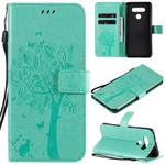 For LG K51 Tree & Cat Embossed Pattern Horizontal Flip Leather Case with Holder & Card Slots & Wallet & Lanyard(Green)