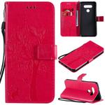 For LG K51 Tree & Cat Embossed Pattern Horizontal Flip Leather Case with Holder & Card Slots & Wallet & Lanyard(Rose Red)