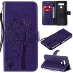 For LG K51 Tree & Cat Embossed Pattern Horizontal Flip Leather Case with Holder & Card Slots & Wallet & Lanyard(Purple)