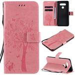 For LG K51 Tree & Cat Embossed Pattern Horizontal Flip Leather Case with Holder & Card Slots & Wallet & Lanyard(Pink)