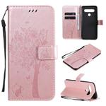 For LG K61 Tree & Cat Embossed Pattern Horizontal Flip Leather Case with Holder & Card Slots & Wallet & Lanyard(Rose Gold)