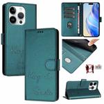 For iPhone 16 Pro Smile Embossing RFID Leather Phone Case(Peacock Green)