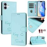 For iPhone 16 Plus Smile Embossing RFID Leather Phone Case(Mint Green)