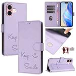 For iPhone 16 Smile Embossing RFID Leather Phone Case(Light Purple)