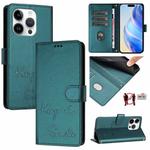 For iPhone 15 Pro Smile Embossing RFID Leather Phone Case(Peacock Green)