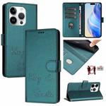 For iPhone 14 Pro Smile Embossing RFID Leather Phone Case(Peacock Green)