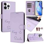 For iPhone 14 Pro Max Smile Embossing RFID Leather Phone Case(Light Purple)