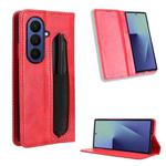For Samsung Galaxy Z Fold7 with Pen Slot Magnetic Buckle Retro Texture Leather Phone Case(Red)