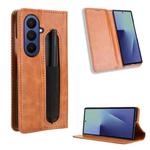 For Samsung Galaxy Z Fold7 with Pen Slot Magnetic Buckle Retro Texture Leather Phone Case(Brown)