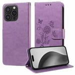 For iPhone 16 Pro Embossed Butterfly Flowers Leather Phone Case(Purple)