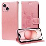 For iPhone 15 Plus Embossed Butterfly Flowers Leather Phone Case(Rose Gold)