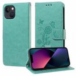 For iPhone 14 Plus Embossed Butterfly Flowers Leather Phone Case(Green)