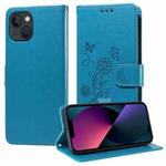 For iPhone 14 Plus Embossed Butterfly Flowers Leather Phone Case(Blue)