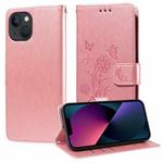 For iPhone 14 Plus Embossed Butterfly Flowers Leather Phone Case(Rose Gold)