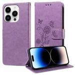 For iPhone 14 Pro Max Embossed Butterfly Flowers Leather Phone Case(Purple)