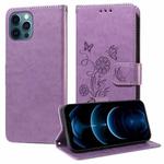 For iPhone 12 / 12 Pro Embossed Butterfly Flowers Leather Phone Case(Purple)