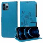 For iPhone 12 / 12 Pro Embossed Butterfly Flowers Leather Phone Case(Blue)