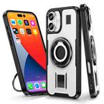 For iPhone 16 Plus Ring Holder Carbon Fiber PC Hybrid TPU Phone Case(White)