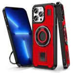 For iPhone 13 Pro Max Ring Holder Carbon Fiber PC Hybrid TPU Phone Case(Red)