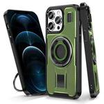 For iPhone 12 / 12 Pro Ring Holder Carbon Fiber PC Hybrid TPU Phone Case(Army Green)