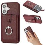 For iPhone 16 Litchi Texture Drawing Card Bag Ring Holder Phone Case(Wine Red)