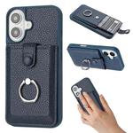 For iPhone 16 Litchi Texture Drawing Card Bag Ring Holder Phone Case(Blue)