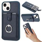 For iPhone 15 Litchi Texture Drawing Card Bag Ring Holder Phone Case(Blue)