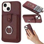 For iPhone 14 / 13 Litchi Texture Drawing Card Bag Ring Holder Phone Case(Wine Red)