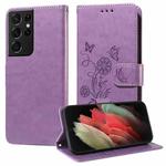 For Samsung Galaxy S21 Ultra 5G Embossed Butterfly Flowers Leather Phone Case(Purple)